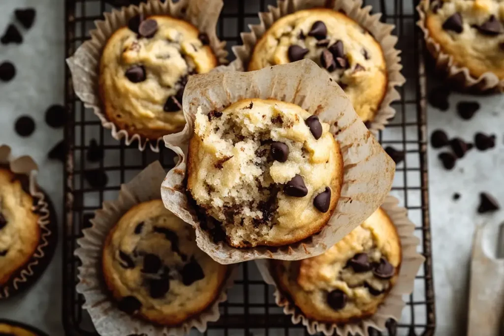  Close-up of sourdough discard banana muffins with chocolate chips on a cooling rack.