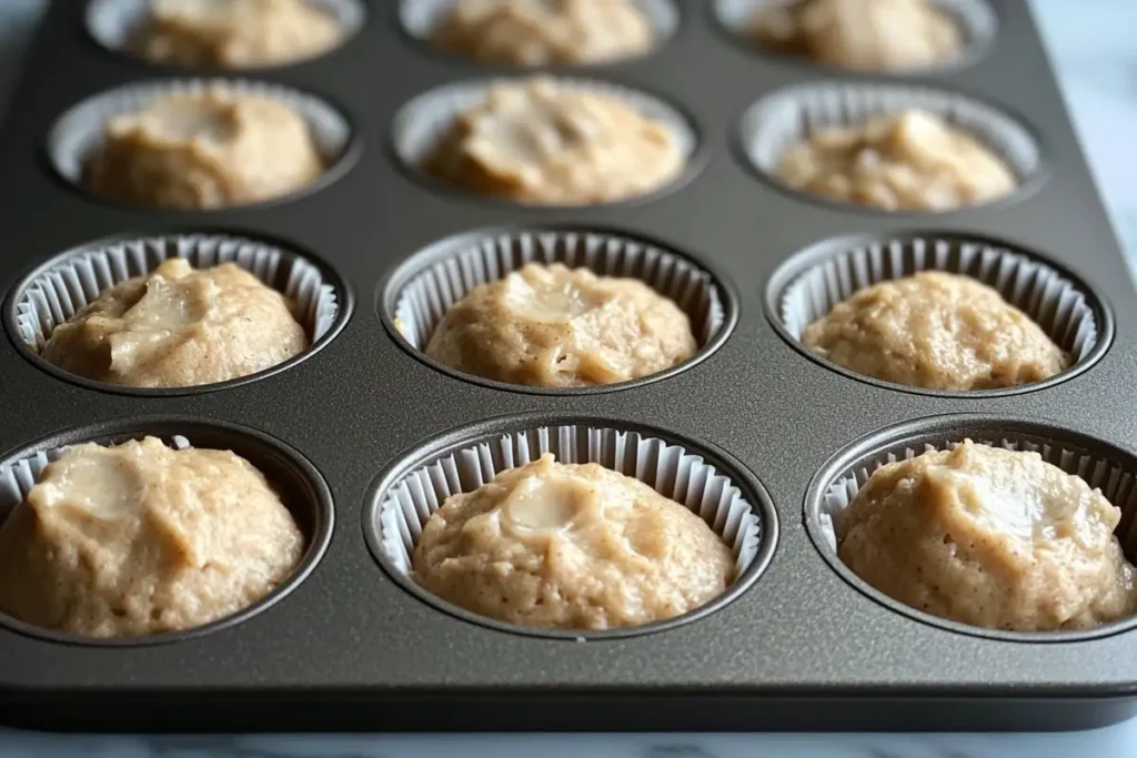 Muffin tray filled with  banana muffin batter.