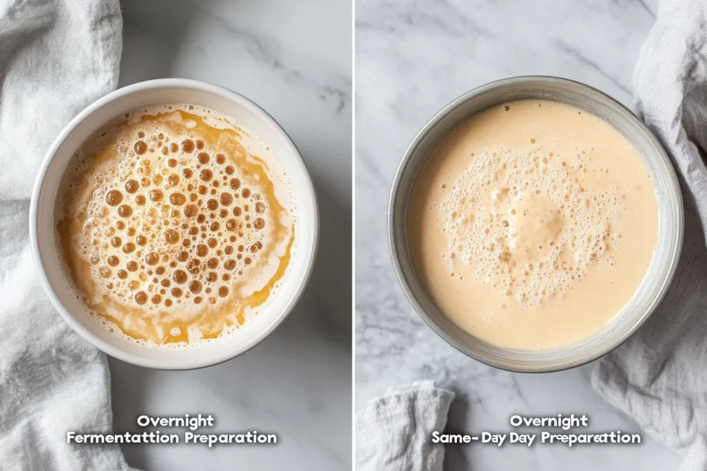 Side-by-side comparison of overnight fermented sourdough waffle batter and same-day prepared waffle batter.