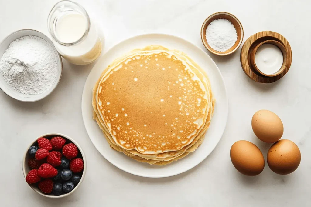 A top-down view of a stack of golden pancakes on a white plate surrounded by ingredients, including flour, milk, eggs, and fresh berries on a white marble surface