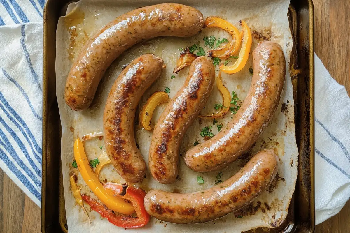 Oven-baked Italian sausage with bell peppers and onions on a rustic tray.