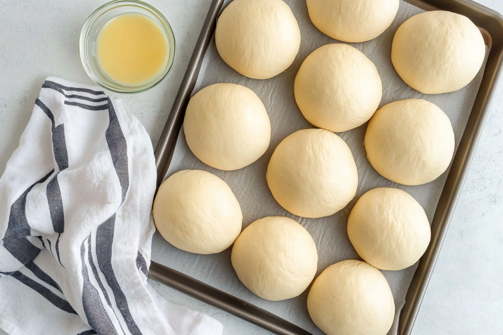 Round dough balls neatly arranged on a parchment-lined baking tray, accompanied by a bowl of melted butter and a striped kitchen towel