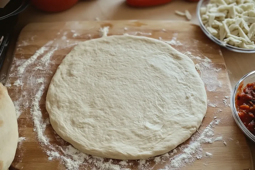  A smooth, round pizza dough on a floured wooden surface, surrounded by pizza ingredients like shredded cheese and tomato sauce, ready to be baked.