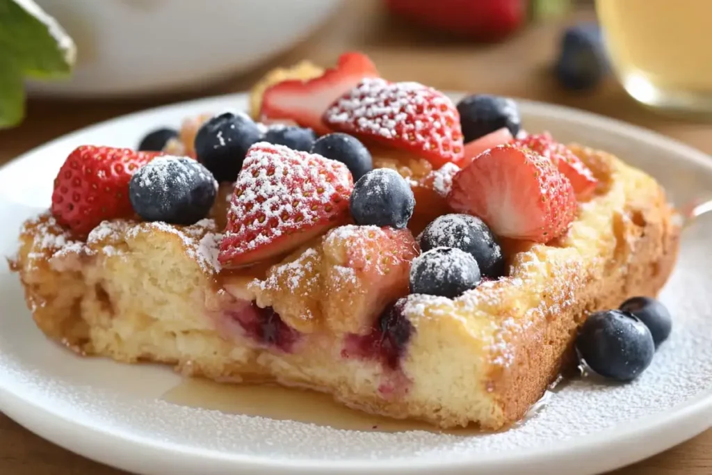 A slice of sourdough French toast casserole on a plate, topped with strawberries, blueberries, powdered sugar, and maple syrup drizzle