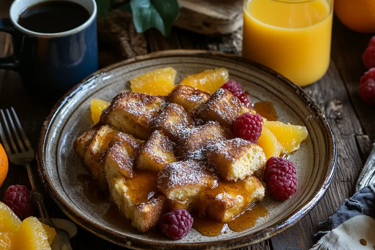 A beautifully plated sourdough French toast casserole topped with powdered sugar, maple syrup, raspberries, and orange slices, paired with coffee and orange juice