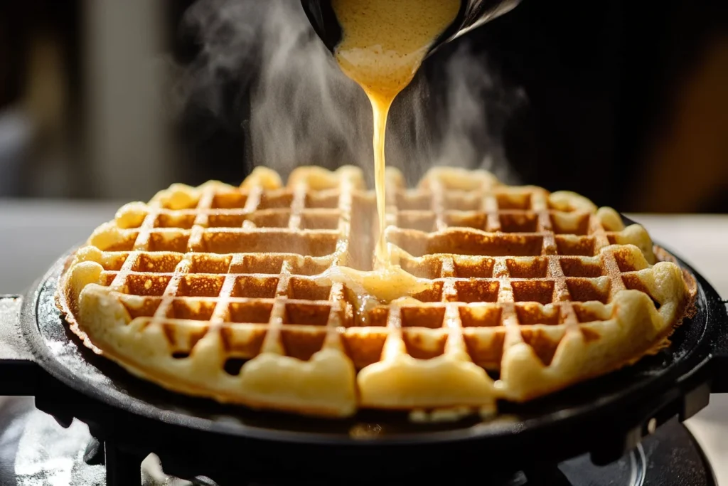 Golden waffle batter being poured onto a hot waffle iron, with steam rising from the surface.