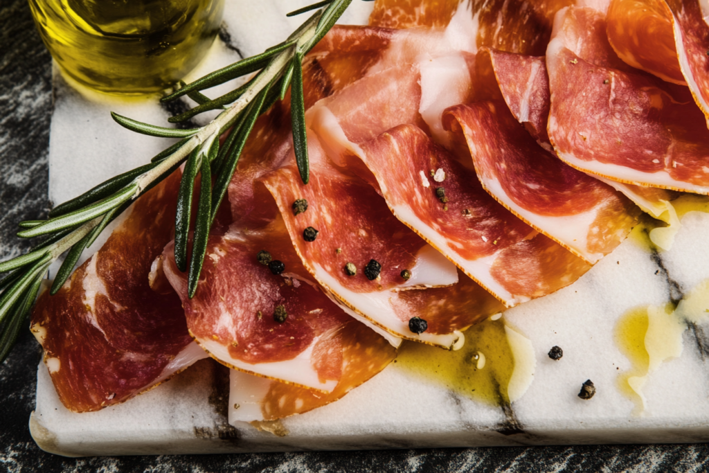 Thinly sliced Prosciutto di Parma with rosemary and olive oil on marble.