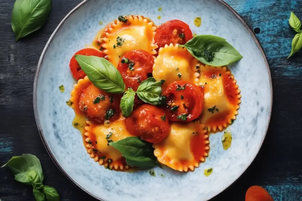 Plated Italian meat ravioli drizzled with tomatoes sauce and fresh basil.
