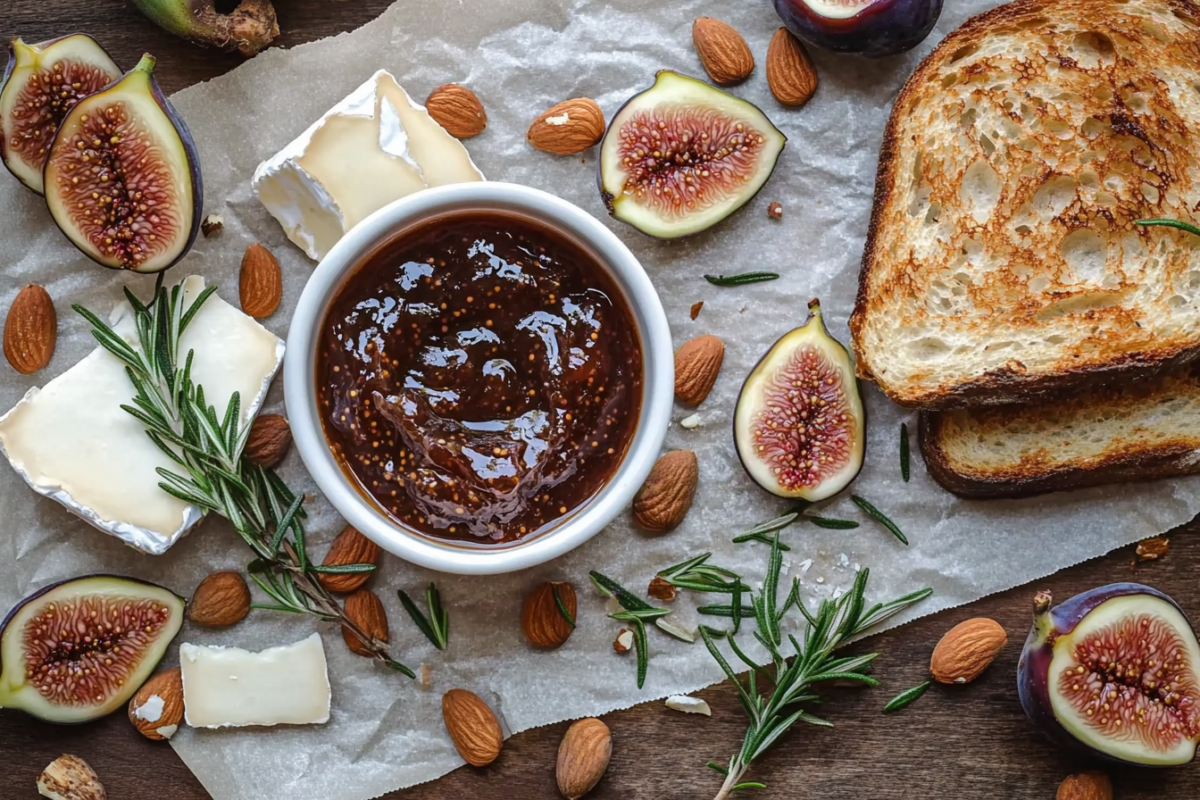 A rustic setup with a bowl of fig jam, toast topped with fresh figs and jam, brie cheese, almonds, and sprigs of rosemary on parchment paper over a wooden table