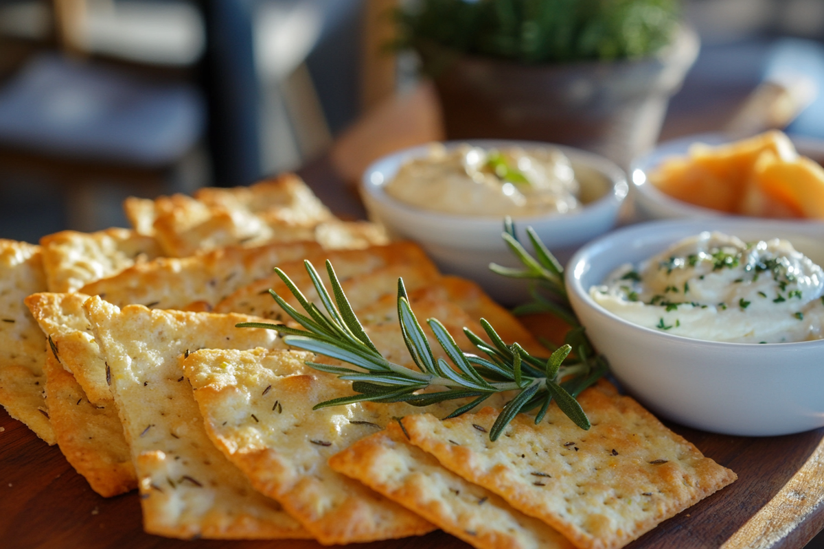 Homemade sourdough crackers infused with rosemary, paired with creamy dips and garnished with fresh rosemary sprigs