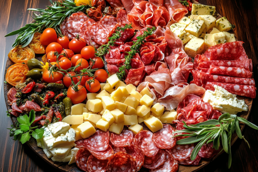 Antipasto platter with Italian deli meats, cheeses, olives, and vegetables