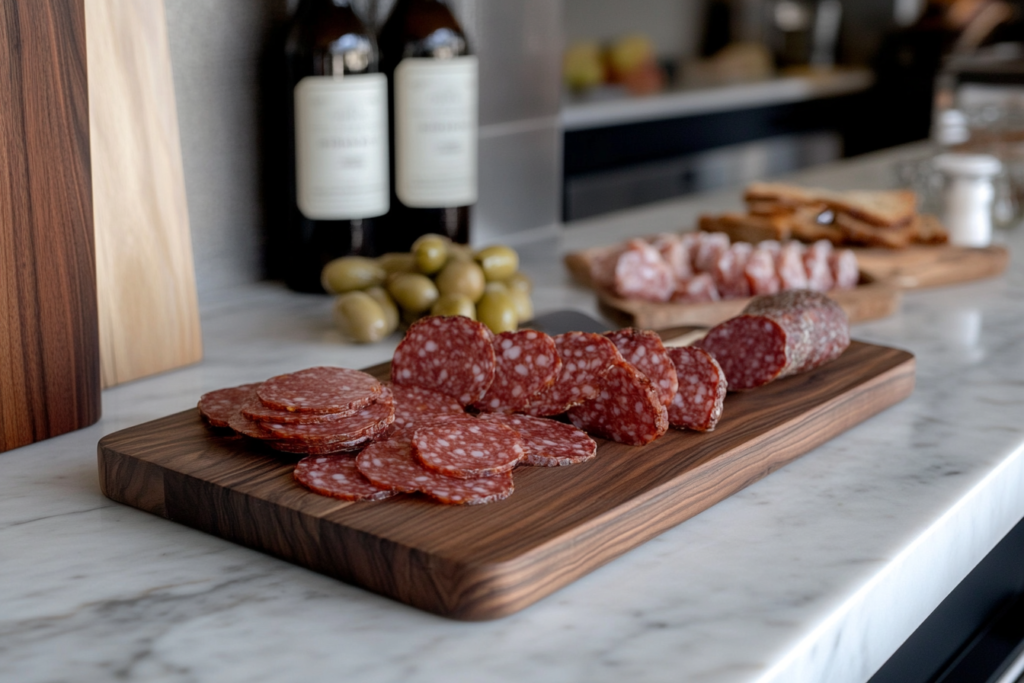 Various types of salami on a board, labeled as Genoa, Milano, and Calabrese