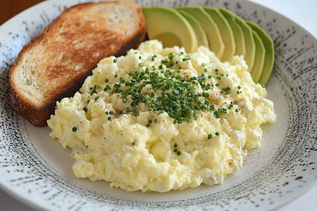  A plate of scrambled eggs with cottage cheese, garnished with chives and served with toast and avocado.