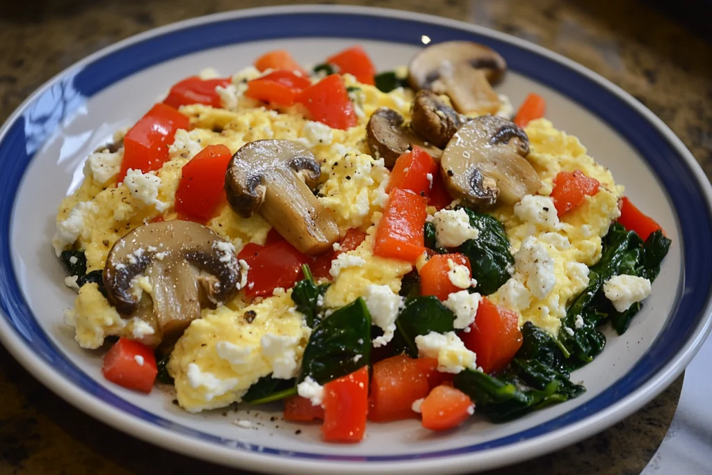 Scrambled eggs with cottage cheese mixed with sautéed spinach, red peppers, and mushrooms on a white plate