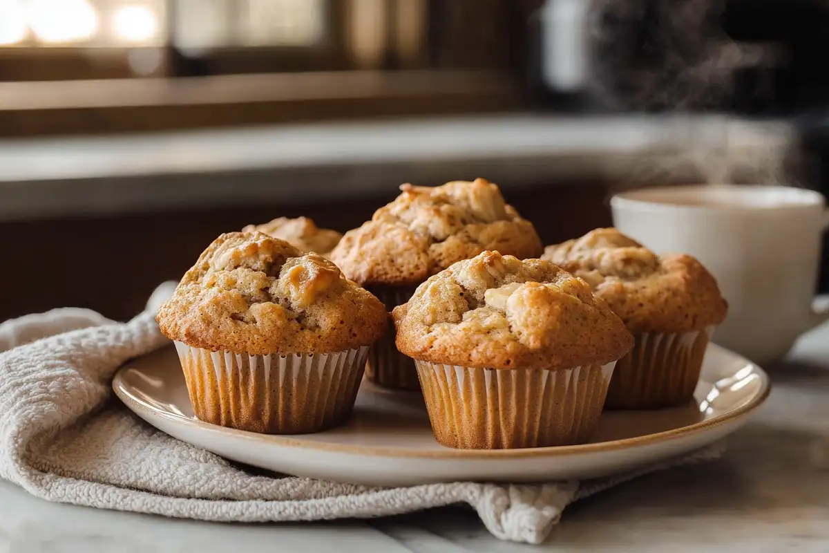 Freshly baked sourdough discard banana muffins served with coffee.