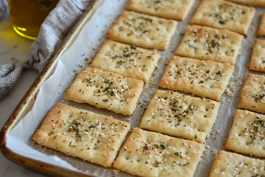 Neatly arranged unbaked sourdough crackers topped with sesame seeds and herbs, placed on a parchment-lined baking tray.