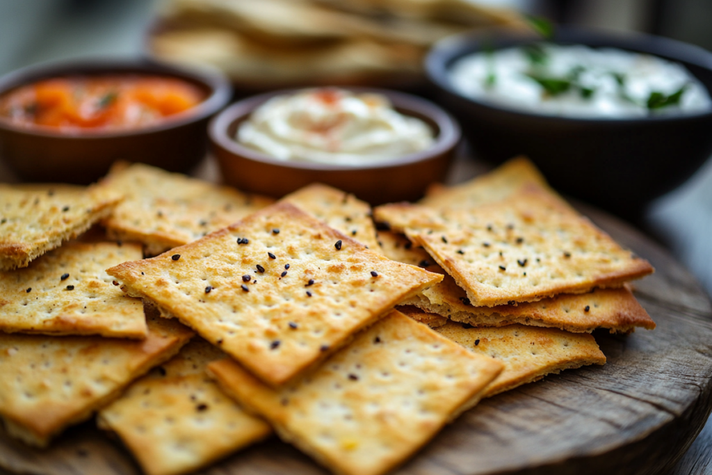 Crispy sourdough crackers topped with sesame seeds and black pepper, served with tomato and yogurt-based dips in wooden bowls