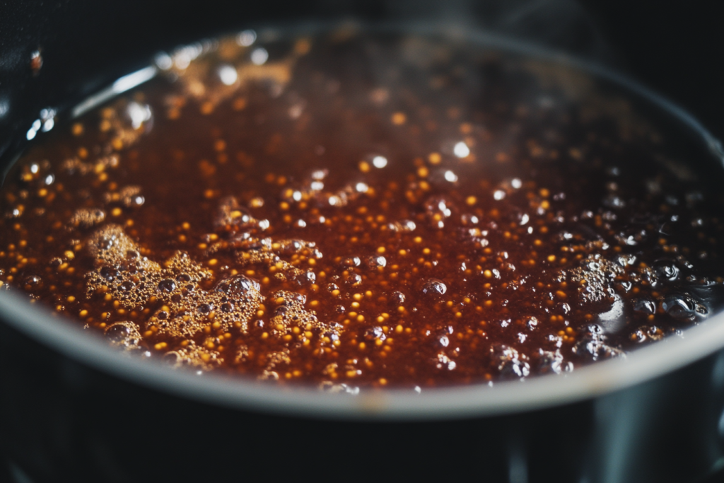 A close-up of a black pot on a stovetop, filled with bubbling fig jam in rich amber tones, with seeds visible as the jam simmers