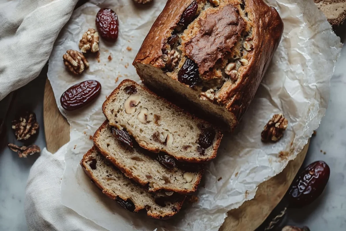 A loaf of date nut bread with slices arranged on crinkled parchment paper, showing a moist texture with visible dates and walnuts, surrounded by whole dates and walnuts for a rustic, cozy presentation.