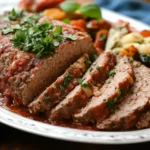 Sliced Italian Meatloaf on an oval white platter, garnished with fresh rosemary and a glossy sauce. Fresh tomatoes and a white cloth are in the background.