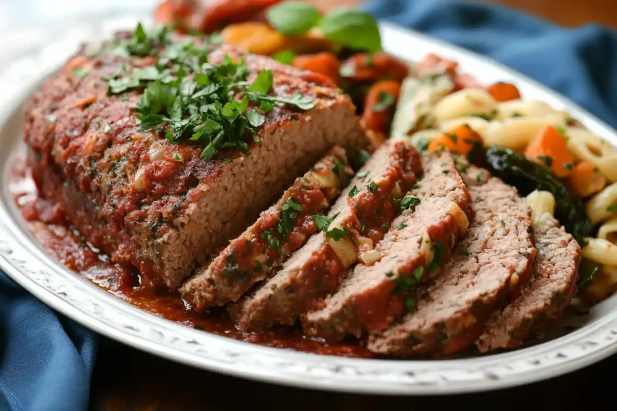 Sliced Italian Meatloaf on an oval white platter, garnished with fresh rosemary and a glossy sauce. Fresh tomatoes and a white cloth are in the background.