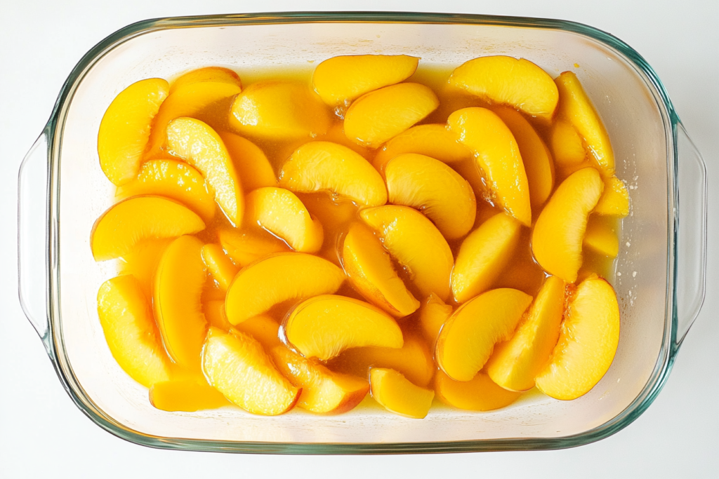 Top-down view of a glass baking dish filled with vibrant, glossy peach slices in syrup, neatly arranged on a light, clean background. Ready for your peach cobbler recipe with cake mix