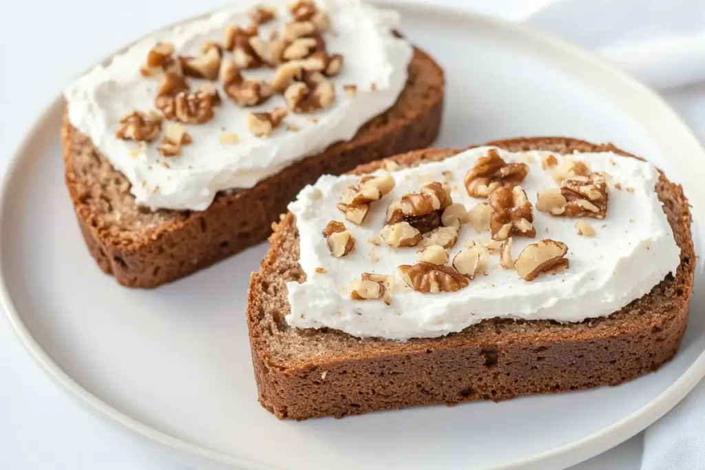 Two slices of date nut bread topped with creamy cream cheese and sprinkled with chopped walnuts, served on a white plate.