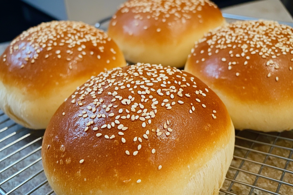 Close-up view of golden brioche hamburger buns topped with white sesame seeds, cooling on a wire rack.