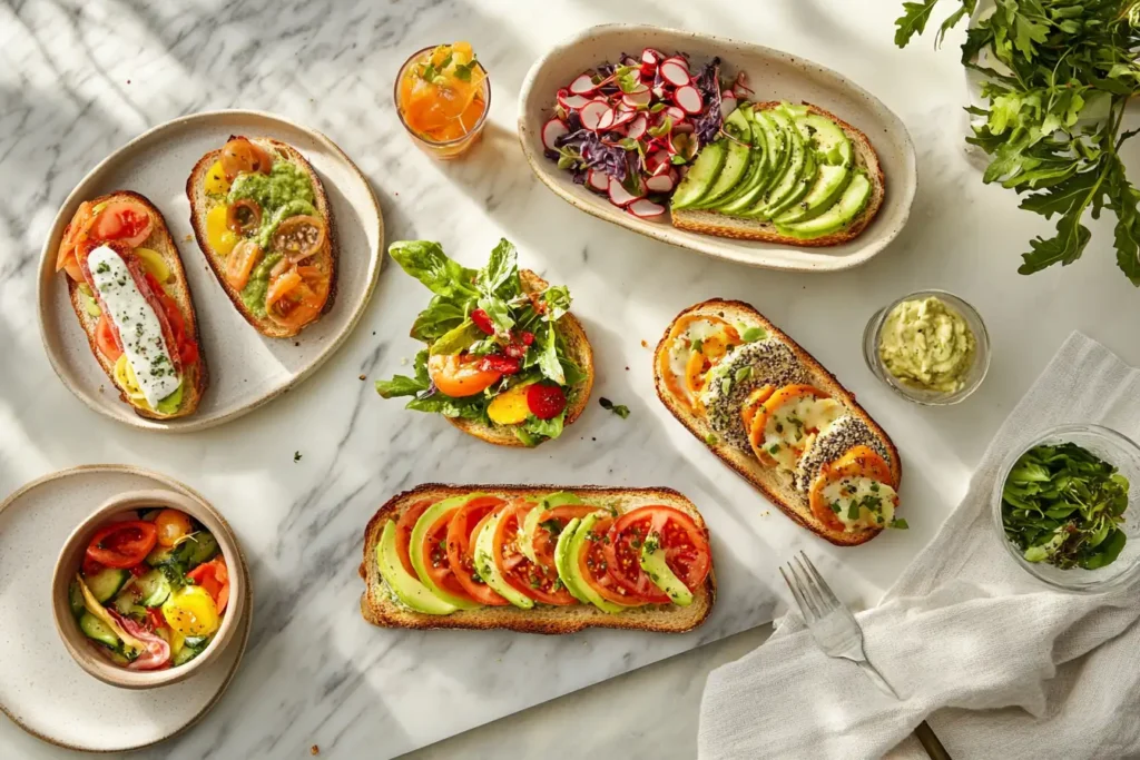 A slice of sourdough bread topped with avocado, cherry tomatoes, and microgreens.