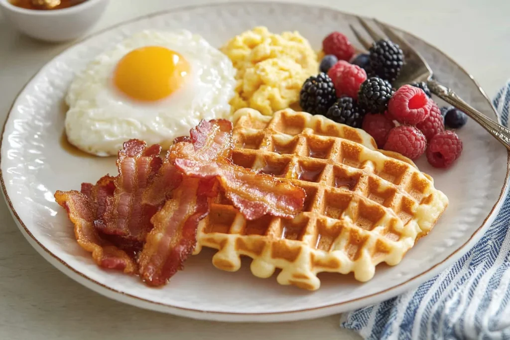 A breakfast plate featuring sourdough discard waffles, crispy bacon, scrambled eggs, a sunny-side-up egg, and fresh berries.