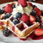 A breakfast plate featuring sourdough discard waffles, crispy bacon, scrambled eggs, a sunny-side-up egg, and fresh berries.