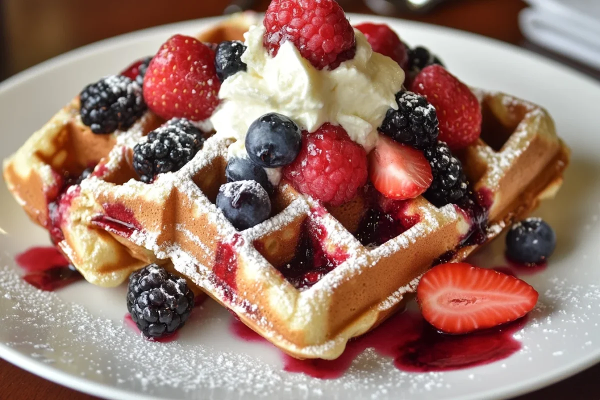 A breakfast plate featuring sourdough discard waffles, crispy bacon, scrambled eggs, a sunny-side-up egg, and fresh berries.