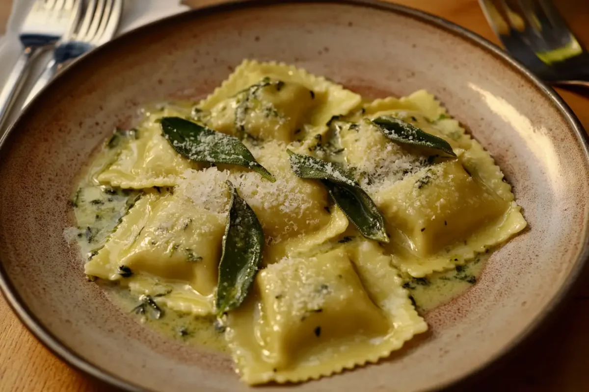 A plate of spinach ravioli drizzled with butter and sage sauce, garnished with fresh herbs and Parmesan cheese, on a ceramic plate.