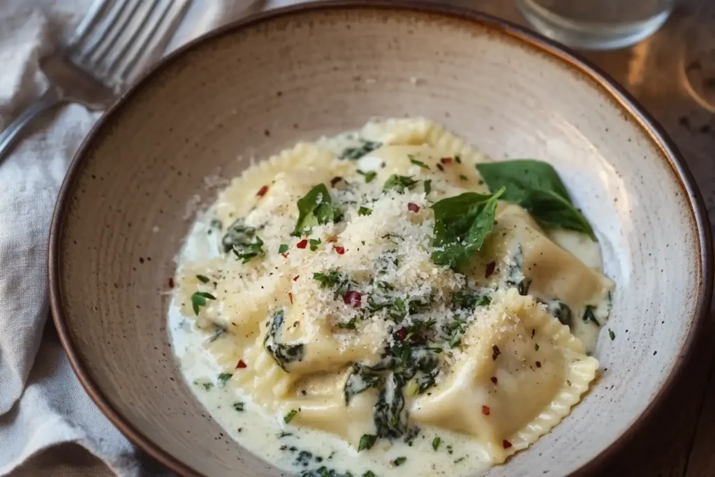 A plate of spinach ravioli drizzled alfredo creamy, garnished with fresh herbs and Parmesan cheese, on a ceramic plate.