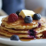 A stack of gluten-free sourdough pancakes topped with fresh blueberries, raspberries, a pat of butter, and drizzled with maple syrup.