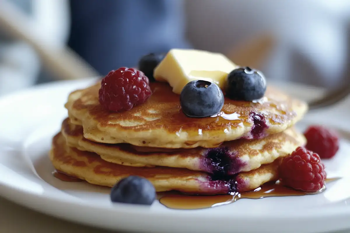 A stack of gluten-free sourdough pancakes topped with fresh blueberries, raspberries, a pat of butter, and drizzled with maple syrup.