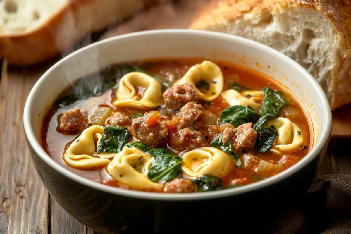 A steaming bowl of tortellini soup filled with cheese-stuffed pasta, crumbled Italian sausage, and fresh spinach leaves in a rich broth, served with a crusty bread loaf on a rustic wooden table.