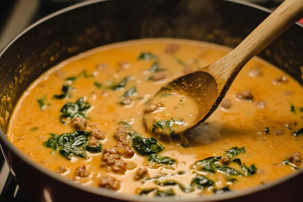 A ladle pouring creamy soup base from the pot, showcasing the rich and velvety texture.