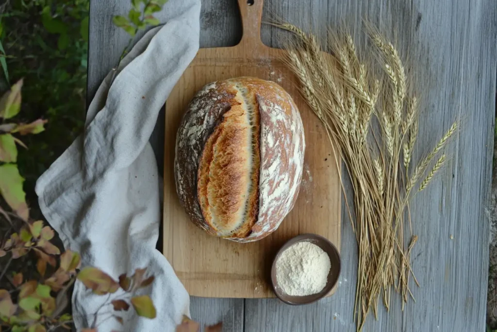 A freshly baked sourdough loaf on a wooden cutting board with rustic flour dusting.