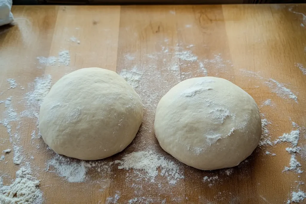 Two smooth, round dough balls dusted with flour, sitting on a wooden surface lightly covered with flour, ready for the next step in bread or pizza preparation.