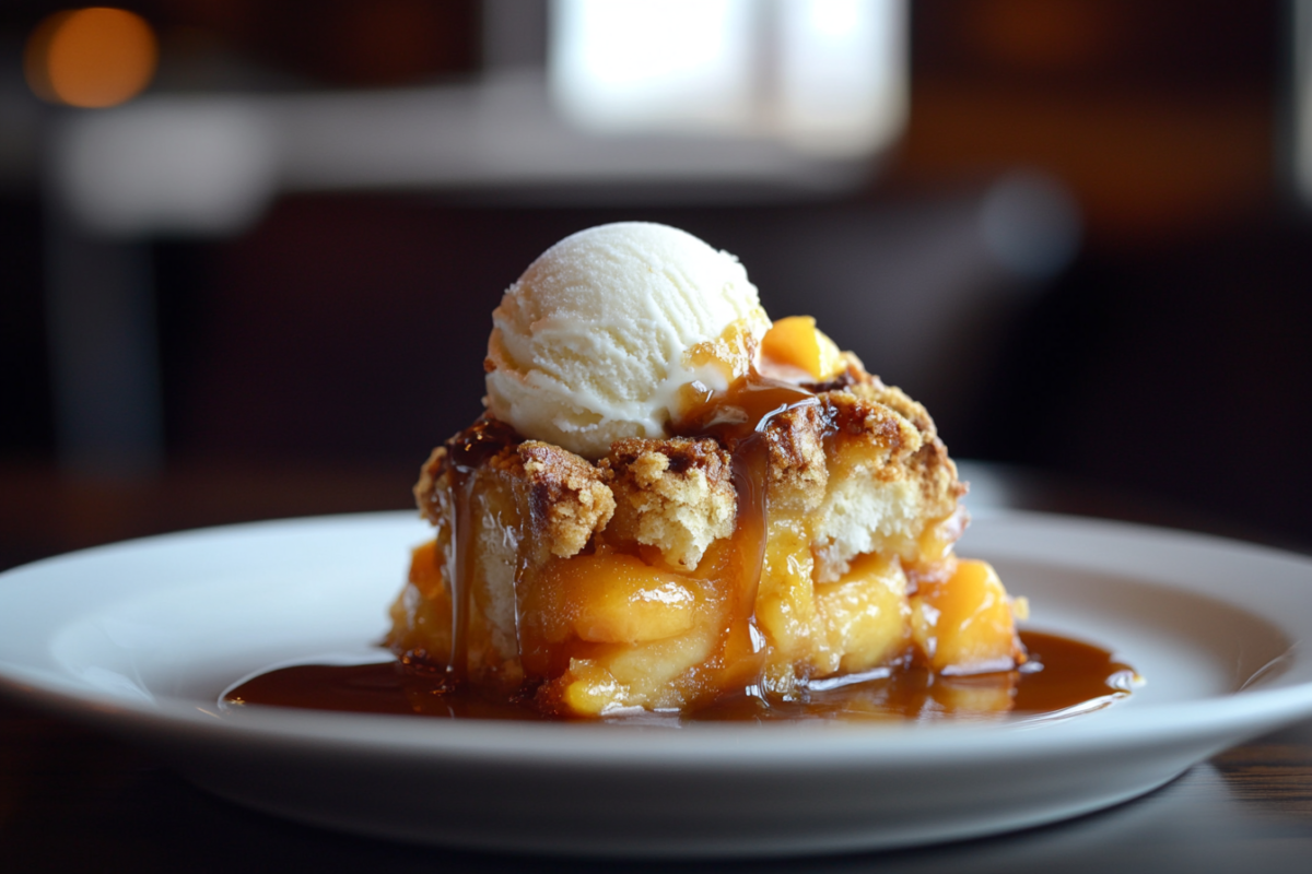 A serving of golden, warm peach cobbler with caramelized edges, drizzled with rich caramel sauce and topped with a scoop of vanilla ice cream, served on a white plate.