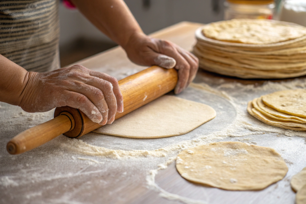 Hands rolling a thin tortilla on a floured surface with a wooden rolling pin, alongside a stack of rolled tortillas ready to cook.