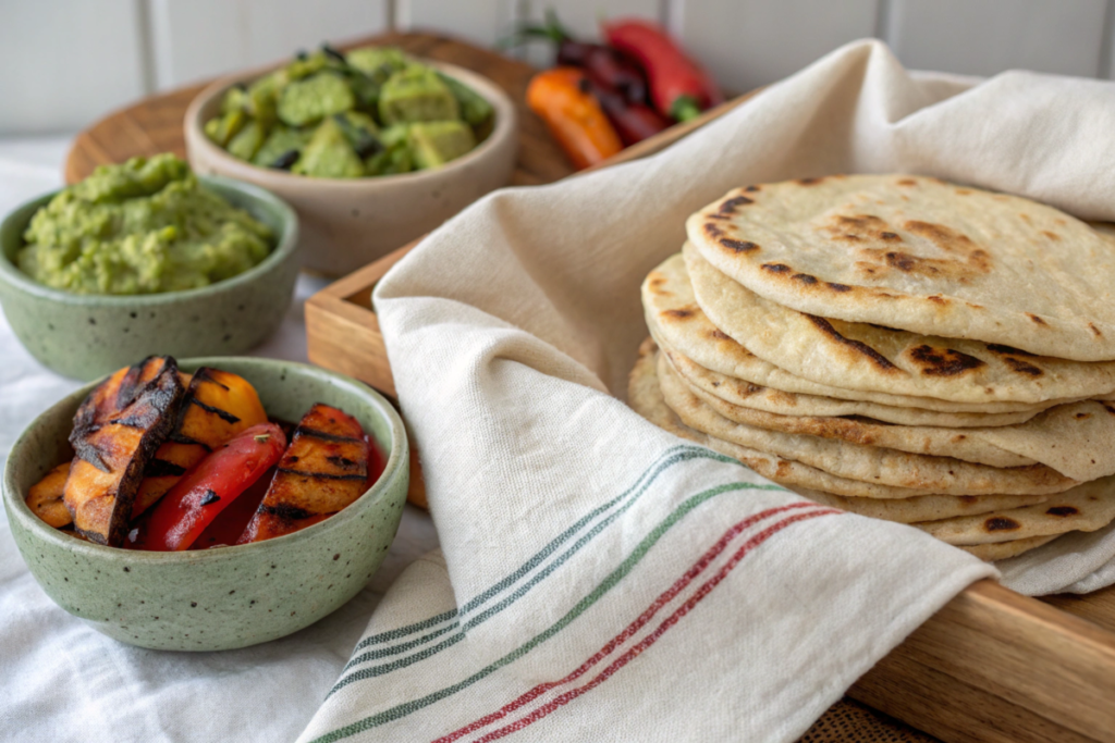 A stack of warm sourdough discard tortillas wrapped in a towel, served with guacamole, salsa, and grilled vegetables on a rustic table