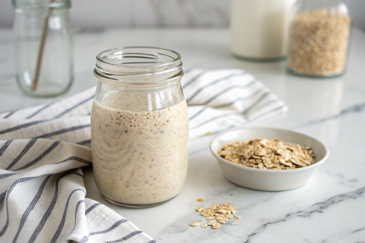 "Glass jar of bubbly sourdough starter on a white marble surface, accompanied by a small bowl of oats and a ceramic bowl of flour with a spoon, set against a soft striped kitchen towel in the background."