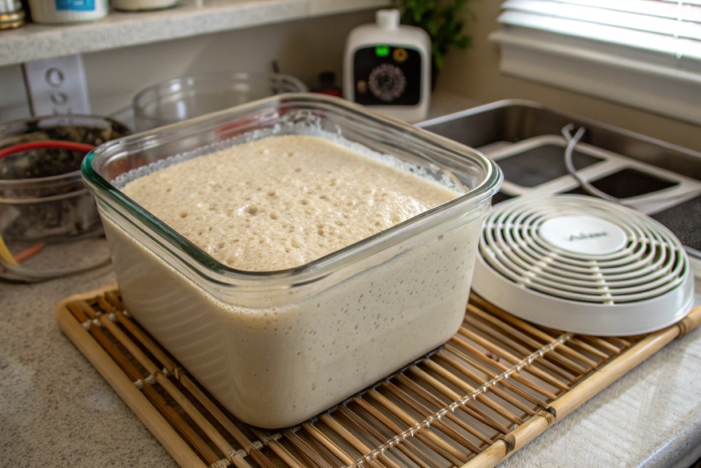 A glass container filled with bubbly and active sourdough starter, placed on a bamboo mat in a home kitchen setting with a dehydrator lid and other tools in the background