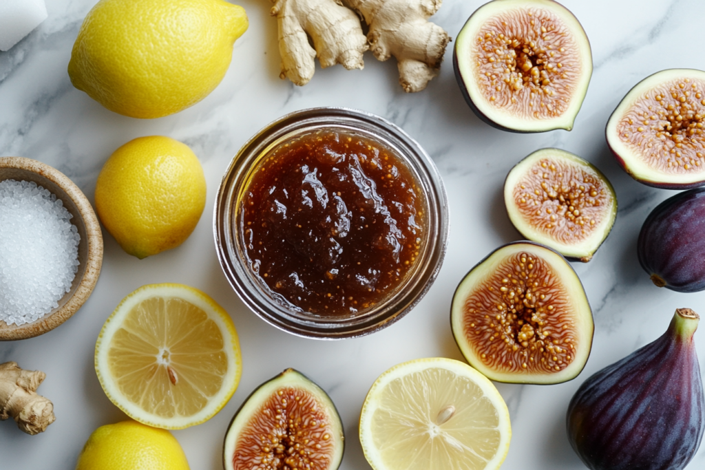 A flat-lay arrangement featuring a jar of fig jam surrounded by fresh figs, lemon halves, ginger roots, and a small bowl of sugar on a white marble surface