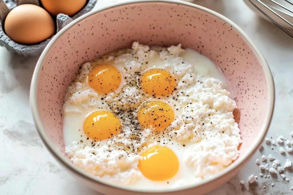 "A pastel-colored mixing bowl containing cracked eggs, creamy cottage cheese, and a sprinkle of black pepper on a light marble surface. Surrounding the bowl are broken eggshells, a metal whisk, and a small rustic bowl of salt, creating a cozy kitchen preparation scene."