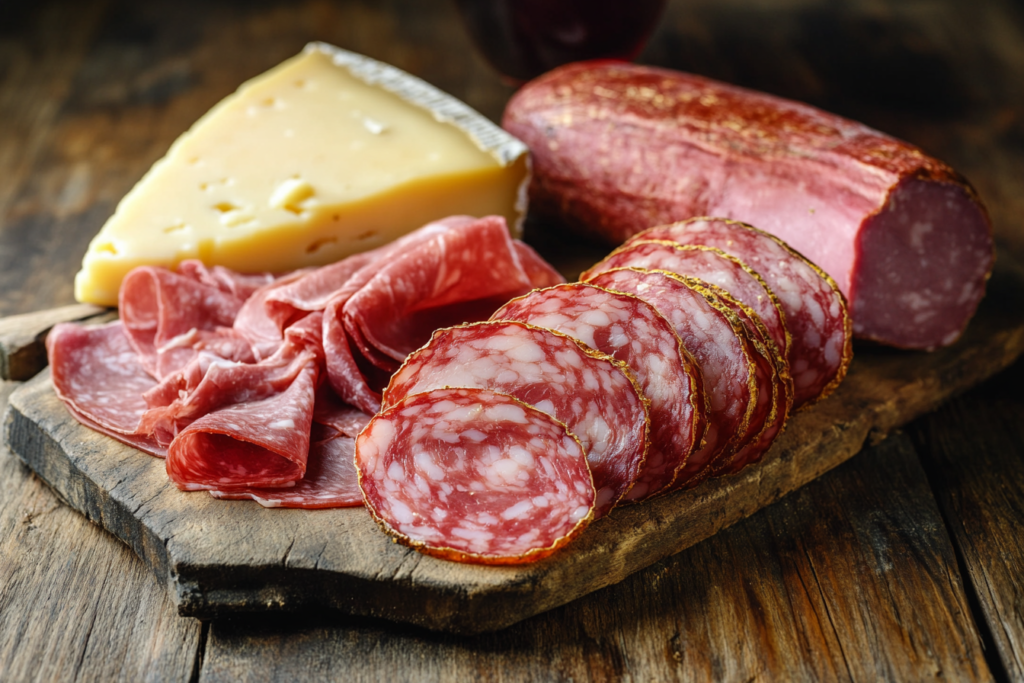 Various types of salami on a board, labeled as Genoa, Milano, and Calabrese