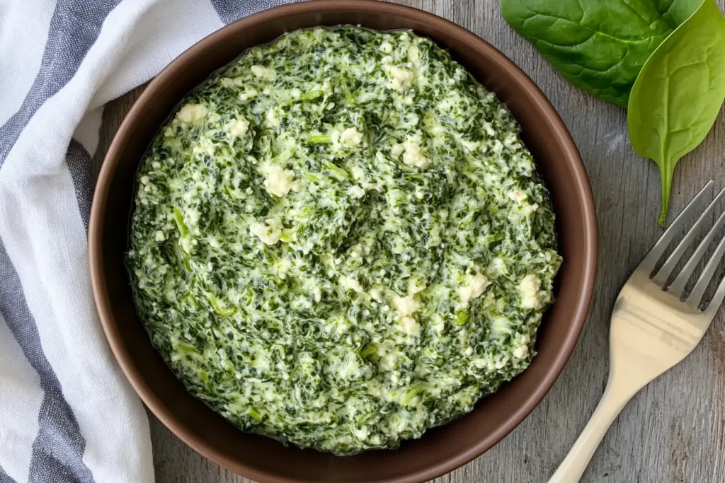 a top view of a bowl filled with spinach and ricotta cheese filling for ravioli