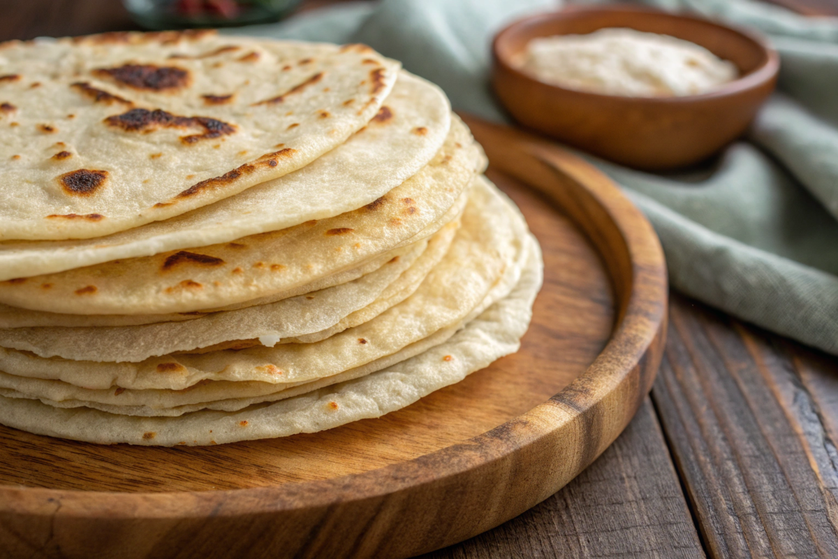 A stack of warm sourdough discard tortillas wrapped in a towel, served with guacamole, salsa, and grilled vegetables on a rustic table